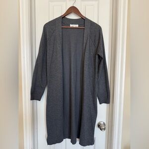 Pointelle Long Open-Front Charcoal Gray Cardigan